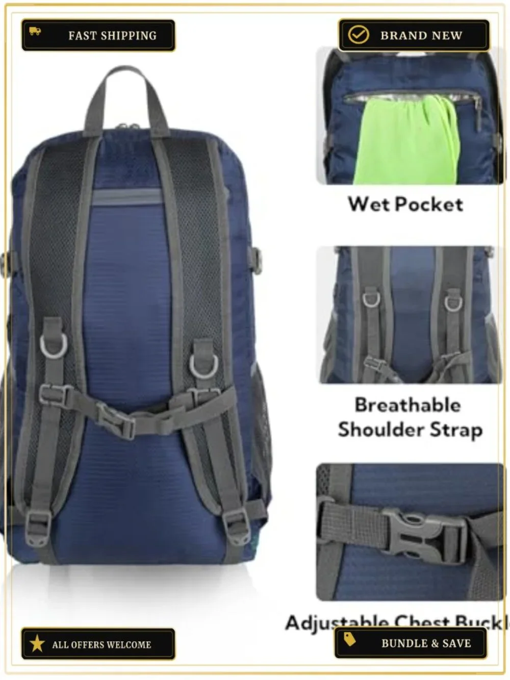 Lightweight Packable Hiking Backpack 30L Daypack Water Resistant Nylon Travel